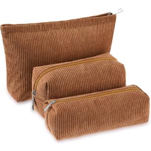3 Pcs Makeup Bag Set for Women Corduroy Cosmetic Pouch Aesthetic Smile Travel Toiletry Bag Cute Purse Pouch Pencil Case Makeup Brushes Storage Organizer with Zipper(Brown,Solid Style)