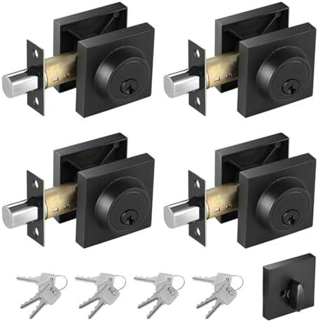 Black Square Deadbolt Lock 4 Pack, Matte Black Single Cylinder Deadbolt with All Same Keys, Heavy Duty Dead Bolt Lock for Home and Office Security, Keyed 1 Side