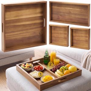 Sintuff 20 Inch Large Square Ottoman Tray, Acacia Wood, 4 Trays in 1