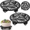 12" Metal Plant Caddy with Wheels Set of Two Large Heavy-duty Rolling Plant Stands with Casters Wheeled Planter Dolly Pot Mover Rollers Rust-proof Round Garden Trolley Coasters for Indoor Outdoor Use