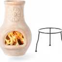 Outdoor Beige Clay Chiminea Outdoor Fireplace Sun Design Charcoal Burning Fire Pit with Sturdy Metal Stand, Barbecue, Cocktail Party, Family Gathering, Cozy Nights Fire Pit