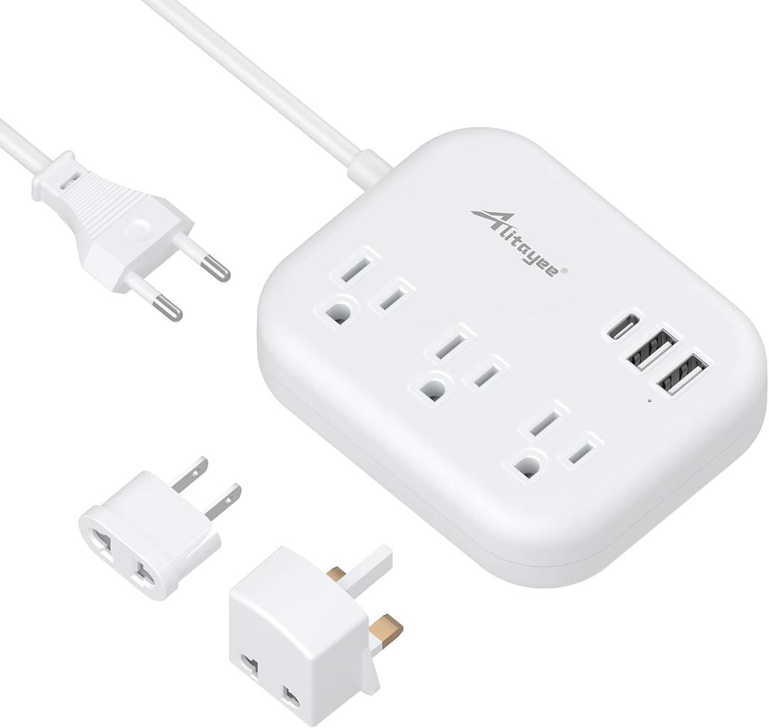 European Travel Plug Adapter, Alitayee EU/UK/US Travel Power Strip with 3 Outlets 3 USB Ports, International Universal Plug Adapter with 3ft Extension Cord to EU UK Italy Spain France Germany Cruise