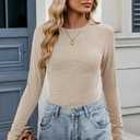 Halife Womens Long Sleeve Tops Crew Neck Slim Fitted T Shirts Basic Tees Lettuce Trim Raglan Shirt Fall Fashion Outfits (Beige, L)