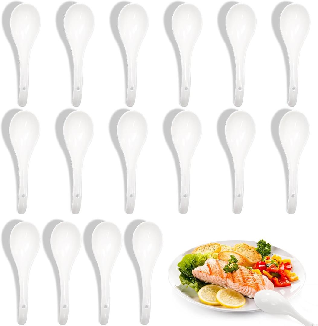 Set of 16 Ceramic Soup Spoons, Asian Chinese Soup Spoons with Deep Oval Hook, 6.6 Inch White Kitchen Japanese Spoon for Ramen Pho, Wonton, Cereal, Dumpling, Miso