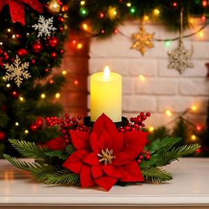 16 Inch Poinsettia Christmas Centerpiece Artificial Tabletop Decoration Candle Holder with Red Berries Artificial Pine Wreath or Home Festival Holiday Decoration(Poinsettia)