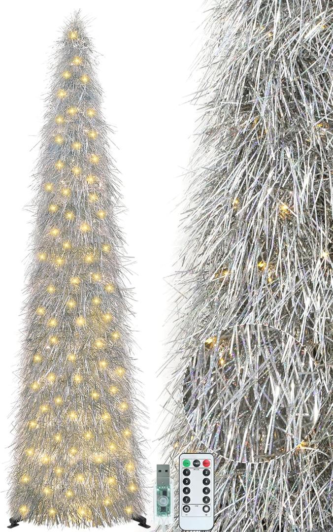 Obralitic 6 FT Shaggy Pop Up Christmas Tree with 100 Timer Lights and Remote, Silver Collapsible Artificial Tinsel Christmas Pencil Tree for Home Apartment Office Holiday Party Decor, Easy Assembly