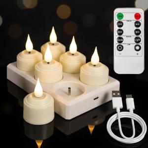 Rechargeable Tea Lights Flameless Candles with Remote Timer & Charging Base, LED Tealight Candles Battery Operated USB Candles for Fall Wedding Christmas Halloween Table Centerpiece Reception, 6-Pack