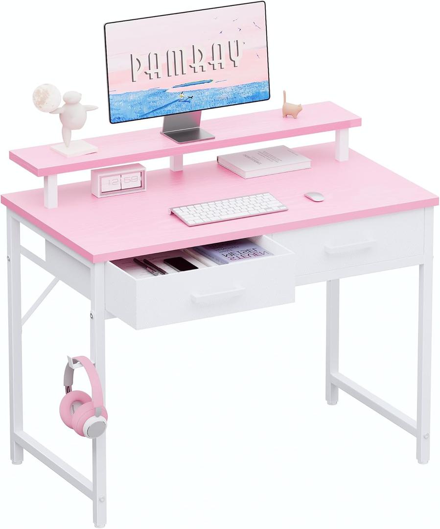 Pamray 32 Inch Small Computer Desk with Monitor Stand and 2 Drawers | Small Gaming Desk, for Bedroom Apartment and Dorm, for Study Work and Writing, Small Spaces, Sturdy, Easy Assembly