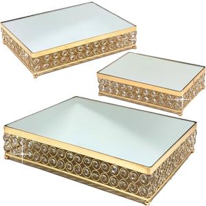 Allgala Wedding Cake Stands 3-Piece Set Crystal Gold Plated Cheese Dessert Cupcake Cake Stand with Mirror Plate-Gold Rectangle-HD89203