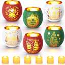 VIHOSE 6 Set Christmas Votive Candle Holders Xmas Red Green White Glass Tea Light with LED Battery Operated Candles Flameless Lights Christmas Table Decorations for Home Table Centerpiece Decor Gifts