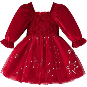 Toddler Smocked Velvet Tulle Tutu Long Sleeve Shiny Sequins My First Christmas Baby Girl Outfits Infant Wedding Dress (12-18 Months, Red Star)