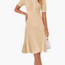 MEROKEETY Women's V Neck Ribbed Knit Midi Dress Short Sleeve Button Elegant Bodycon Sweater Dresses, Apricot, Small