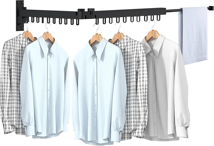 Bakala Clothes Drying Rack Foldable, Laundry Drying Rack Clothing Wall Mounted, Clothing Racks for Hanging Clothes, Heavy-duty Space Saving Hanger, Retractable, Expandable, Collapsible, 64" (Hooks, Black)