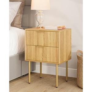 Masupu Night Stand,Mid-Century Modern Bedside Table with 2 Storage Drawer,Small Gold Frame Side End Table for Bedroom,Living Room, Natural