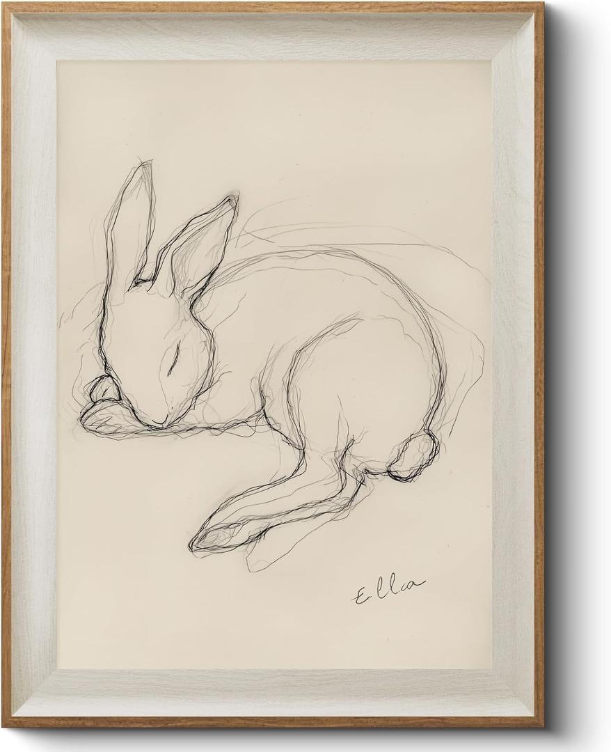 HUARCEY Rustic Frame Canvas Wall Art Minimalist Rabbit Sketch, Easter Bunny Line Drawing Farmhouse Animals Illustration Print Wall Decor for Nursery Bedroom Living Room 12"16"