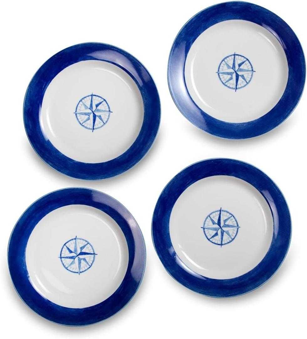 Euro Ceramica Ahoy Nautical Compass Dinner Plates, Blue and White, Set of 4