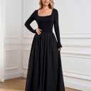 Women Long Sleeve Fall Maxi Dress Casual Square Neck Wedding Guest Long Formal Dress with Pockets (Black, S)