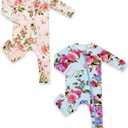 HAPIU Unisex Rayon Made from Bamboo Baby Rompers with Cuffs, 2 Way Zipper YKK, Footless Pajamas Jumpsuit (0-3 Months, Grasse Rose & Country Garden)