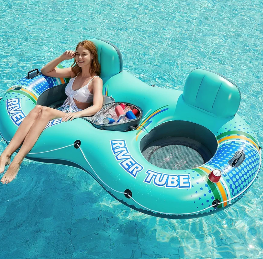 Jasonwell Inflatable River Tube Float - 2 Person Heavy Duty River Float Pool Floats with Removable Cooler Lake Water Tubes for Floating River Raft Lounge Floatie with 2 Cup Holders for Adults (Cyan)
