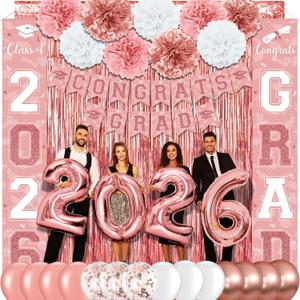 Graduation Party Decorations Class of 2026, Graduation Decorations with Congrats Grad Banner Fringe Foil Curtain Paper Flower Ball Balloons for High School College Graduation Party Supplies, Pink