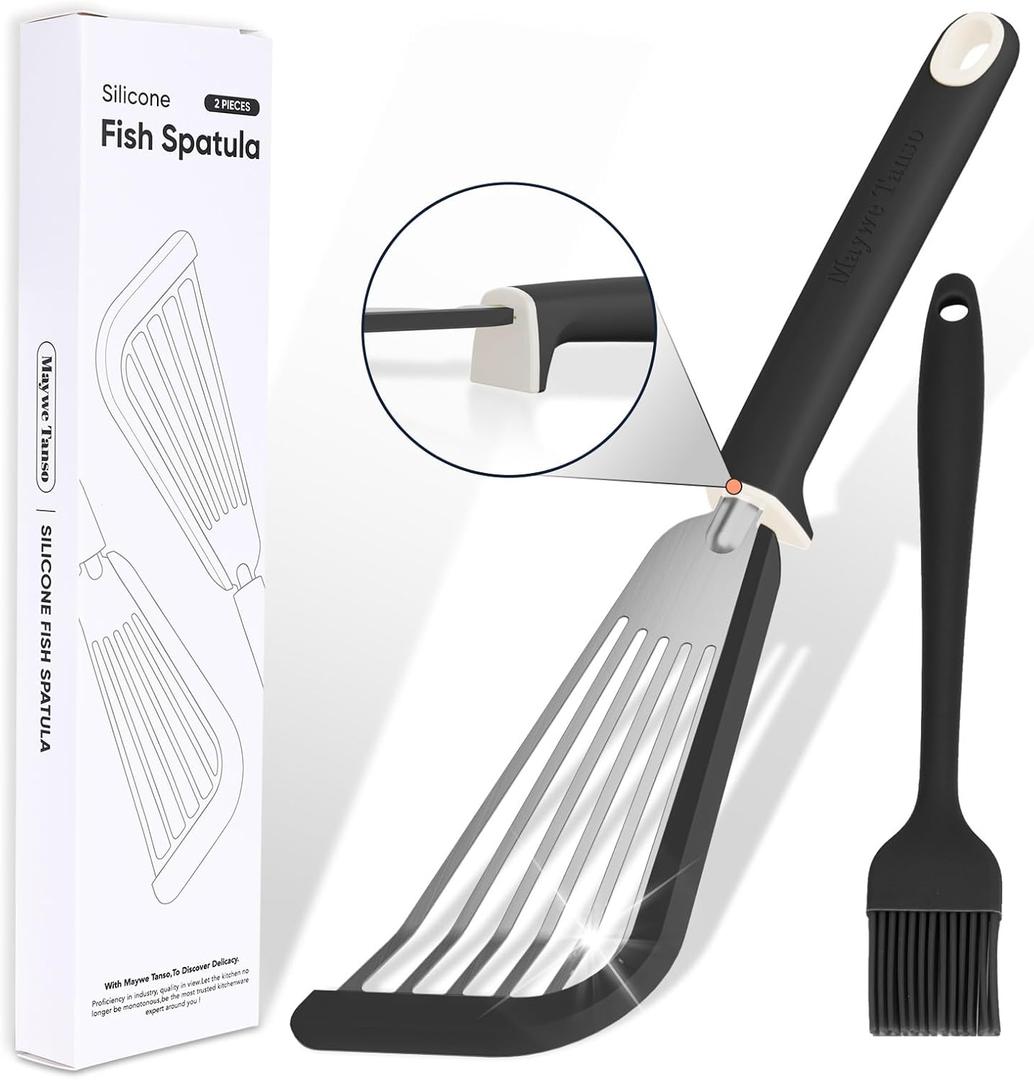 Fish Spatula,600 Heat Resistant Silicone Fish Spatula with Basting Brush,for Nonstick Cookware,Flexible Slotted Fishs Turner Spatulas,BPA Free,Dishwasher Safe(Black)