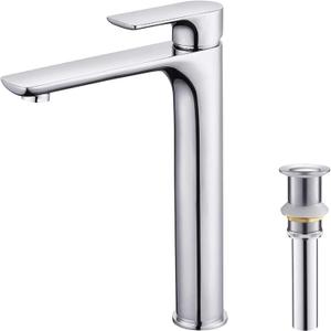 KIBI Tender-T Single Handle Bathroom Vessel Sink Deck Mount Faucet with Pop-Up Drain, Solid Brass High Arc Spout, Lead-Free Material, Corrosion & Rust Resistant, Modern Chrome Finish (KBF1020) (Chrome W/ Pop Up Drain)
