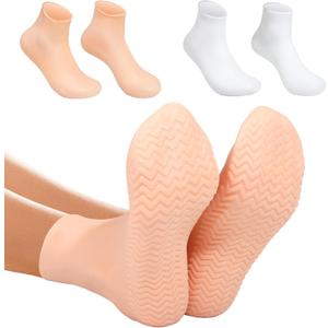 4 x Silicone Moisturizing Socks for Dry Cracked Feet - 2 Pairs, XL Long Size, Non-Slip Heel Socks for Women and Men - High Stretch Foot Care Pedicure - White & Beige