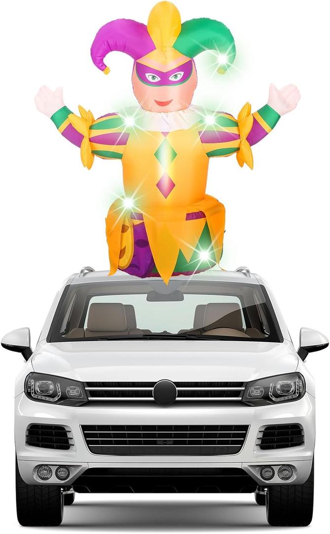 Soaoo 4 ft Mardi Gras Golf Cart Parade Inflatable Decoration with LED Light, Blow up Inflatable Jester with Carnival Mask Sign Outdoor Decor for Carnival Mardi Gras Car Roof Yard Garden Holiday