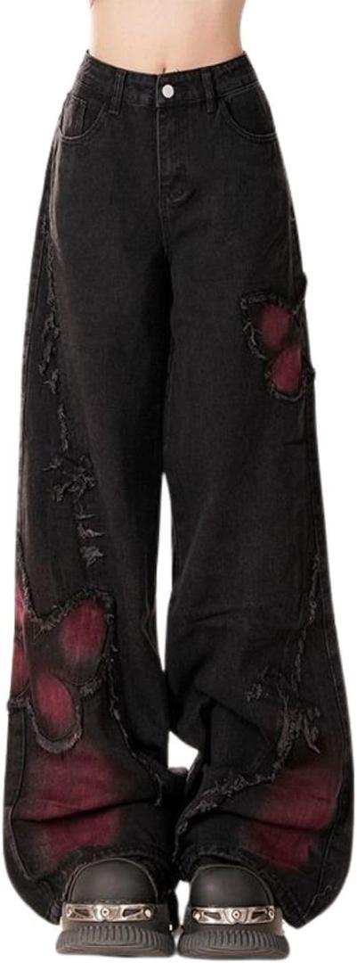 Cute Bootcut Jeans for Women Teen Girls Baggy Denim Jeans Y2k Butterfly Pants Aesthetic Gothic Streetwear Black XL
