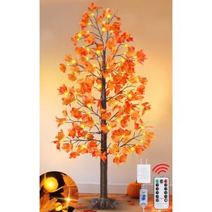 Remote Control&Timer - Thanksgiving Decorations 6 Ft Artificial Lighted Prelit Fall Maple Tree for Home, 3D Pumpkin Lights 135 Warm White LEDs 8 Modes/USB Plug Fall Decor Porch Party Indoor Outdoor