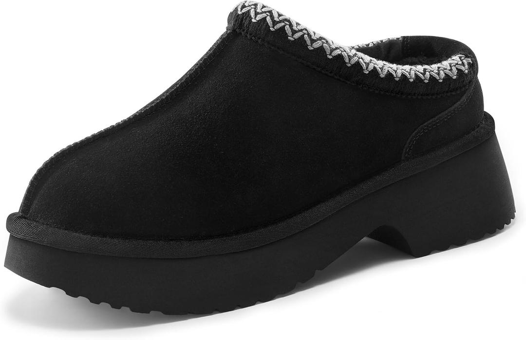 Vilanva Platform Clogs for Women Cozy Suede Fall Slippers with Warm Fur Lined Slip on Shoes Outdoor Indoor House (8, Black)