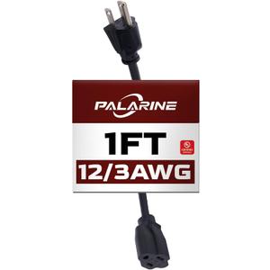 1ft Black Extension Cord Waterproof, UL Listed, 12/3 SJTW Heavy Duty 3 Prong, 12 Gauge 15A Power Cord Ideal for Lights, Appliances, and Lawn