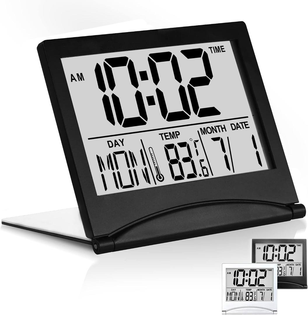Betus Digital Travel Alarm Clock Foldable Calendar, Temperature & Timer with Snooze Large Number Display, Battery Operated Compact Desk Clock for Home & Office (Black)