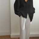 Fisoew Womens Oversized Button Down Shirts Textured Collared Long Sleeve Shacket Casual Fall Blouses Tops (Black)