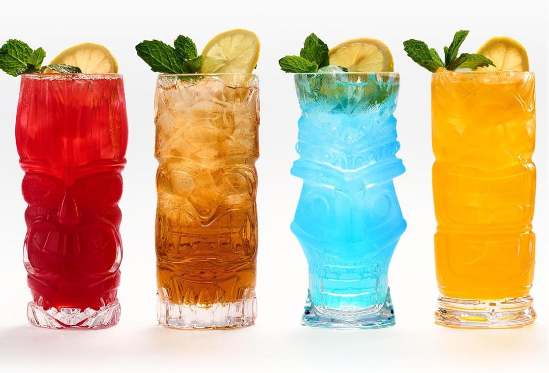 Set of 4, 16 Oz Clear Tiki Cups Tumbler Glass Set, Modern Tropical Tiki Bar Party Beverages Iced Tea