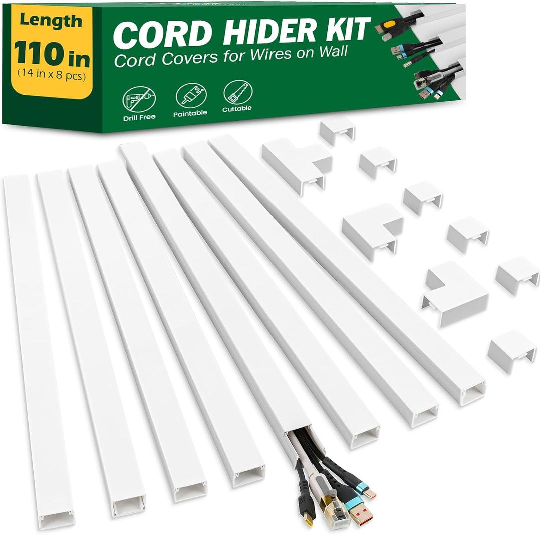 AZEN Cord Hider Kit, 110in Cord Covers for Wires on Wall, Paintable Wire Covers for Cords on Wall, Self-Adhesive Cable Hider Cord Organizer, Wire Hiders, 8X L14in X W0.96in x H0.57in (M-8P)