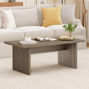 BON AUGURE Fluted Coffee Table, Wood Living Room Tables, Rectangle Coffee Tables for Living Room, Center Table for Home, Office (Greige Oak, 43Inch)