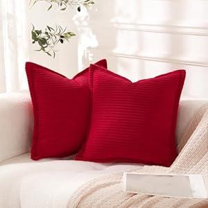Linecooo Corduroy Red Throw Pillow Covers Set of 2 Striped Boho Decorative with Edge Design, Super Soft Throw Pillow Cushion Covers for Couch Sofa Living Room Solid Square 16×16inch/ 40cm×40cm