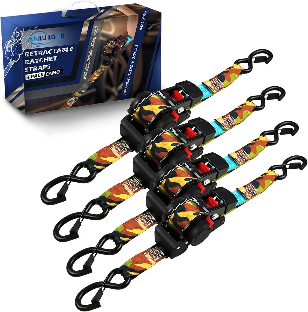 ANLULOAD Retractable Ratchet Strap(1.5in x 13ft),S Hook Retractable Tie Down Strap for Motorcycles, Boats,Atvs,Utvs.WLL1,102 Lbs,BS:2,204Lbs(4 Pack)