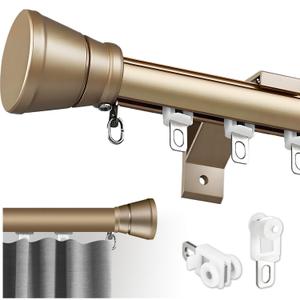 Single Curtain Track for Windows, 3.7m(12.1ft) Wall Mounted Heavy Duty Decorative Curtain rail with End Caps, Aluminum Brackets, Silent Wheels Easy to Install for Bedroom Living Room（Gold）