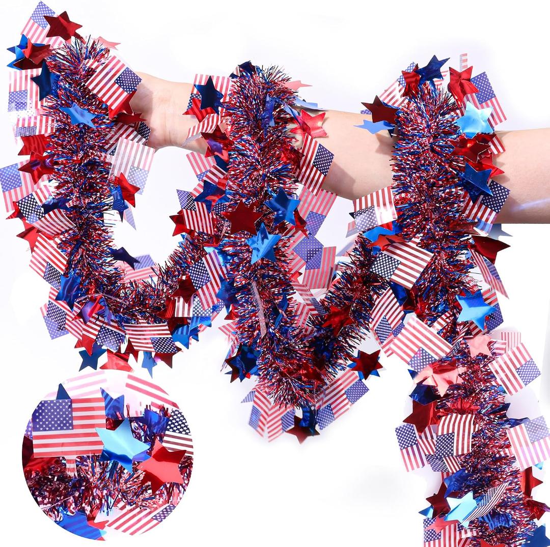 50 Feet Patriotic Tinsel Garland 4th of July Decorations, Red White and Blue Tinsel Metallic Glitter Garlands with Star Flag for Fourth July Independence Day Memorial Day Outdoor Indoor Decor