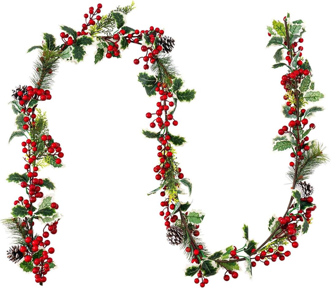 Jelofly 7FT Red Berry Christmas Garland with Pine Cone Needle Garland Christmas Xmas Decorations Indoor Outdoor Garden Gate Home Fireplace Decoration Winter Christmas Holiday New Year Decor