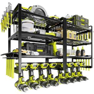 KAFAHOM Power Tool Organizer Wall Mount, 4-Tier Drill Holder for Cordless Tools, 2-Pack Set, Garage Storage Rack with Side Hooks for Hammers & Pliers, Tool Organizer for Workshop/Utility Room