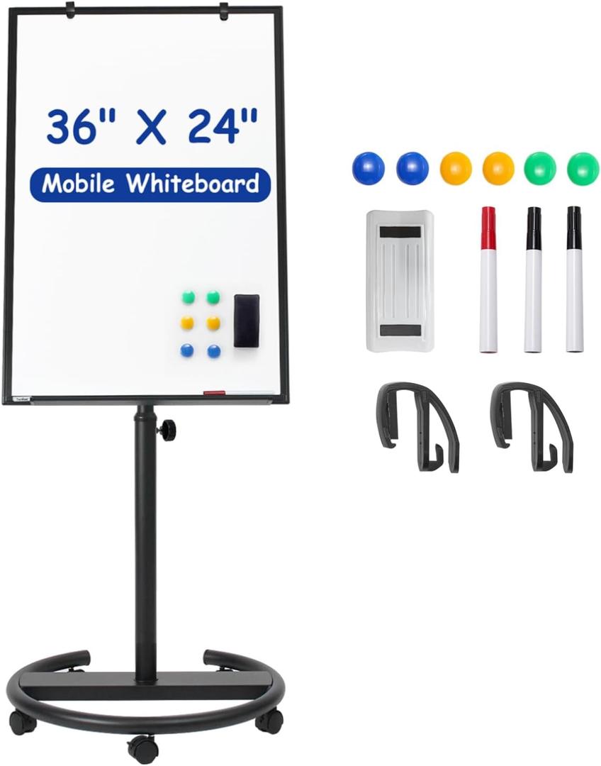 Mobile Whiteboard, 36x24 Inches White Board on Wheels, Height Adjustable Magnetic Dry Erase Board with Stand, Easel Style Whiteboard with Stand for School Classroom Office Home Teacher Homeschooling