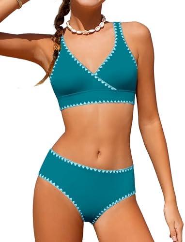KANGKANG Girls Swimsuit Bikini Set Solid Color V-Neck Two Piece Bathing Suit with Chest Pad Adjustable Straps Swimwear 15-16T