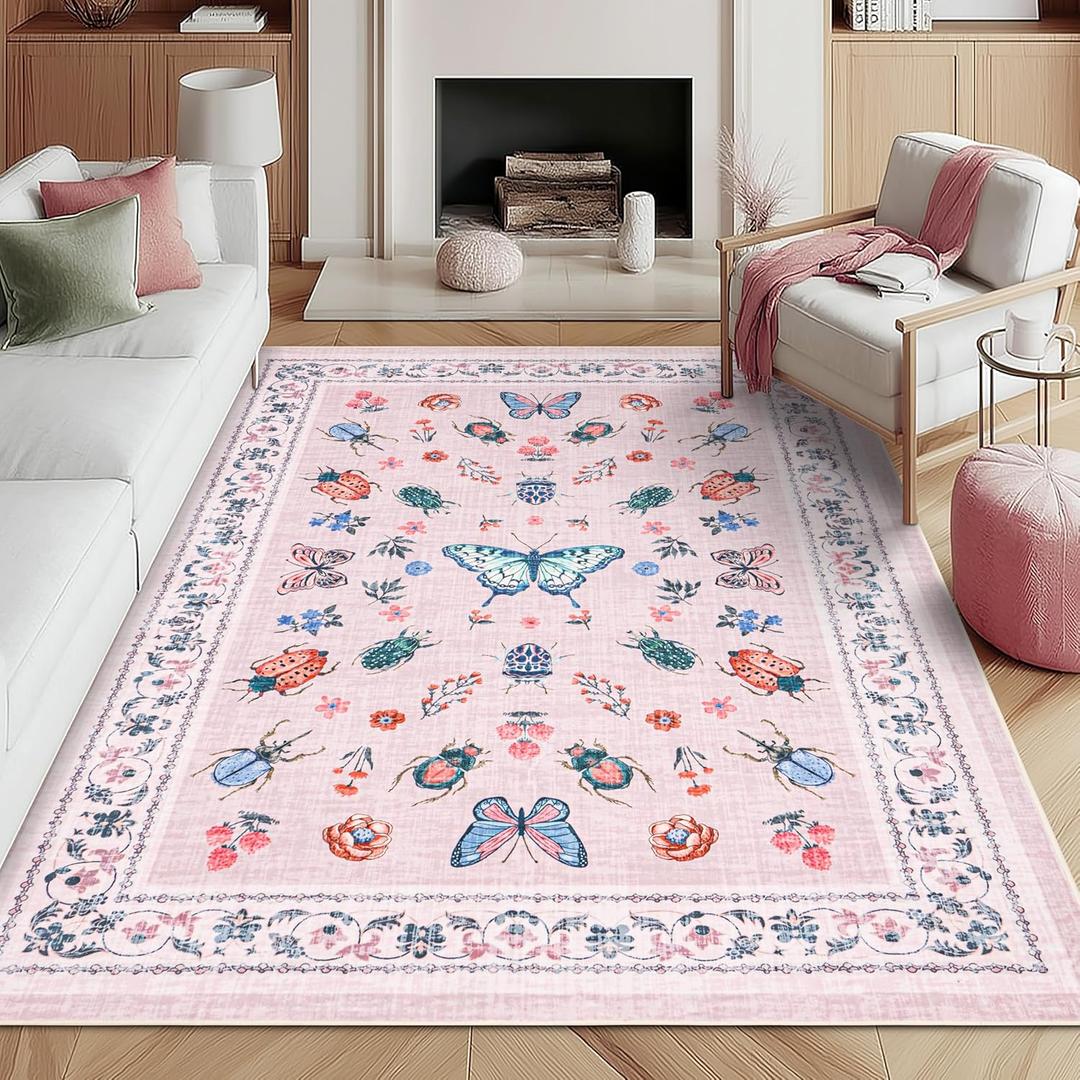 Light Pink Nursery Rug for Babys 6x9, Cute Insect Butterfly Floral Printed Area Rugs for Girls Bedroom Kids Room Playroom, Washable Whimsical Insect Animal Patterned Living Room Carpet Floor Covering