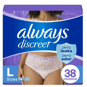 Always Discreet Adult Incontinence Underwear for Women and Postpartum Underwear, Large, Up to 100% Bladder Leak Protection, 38 Count