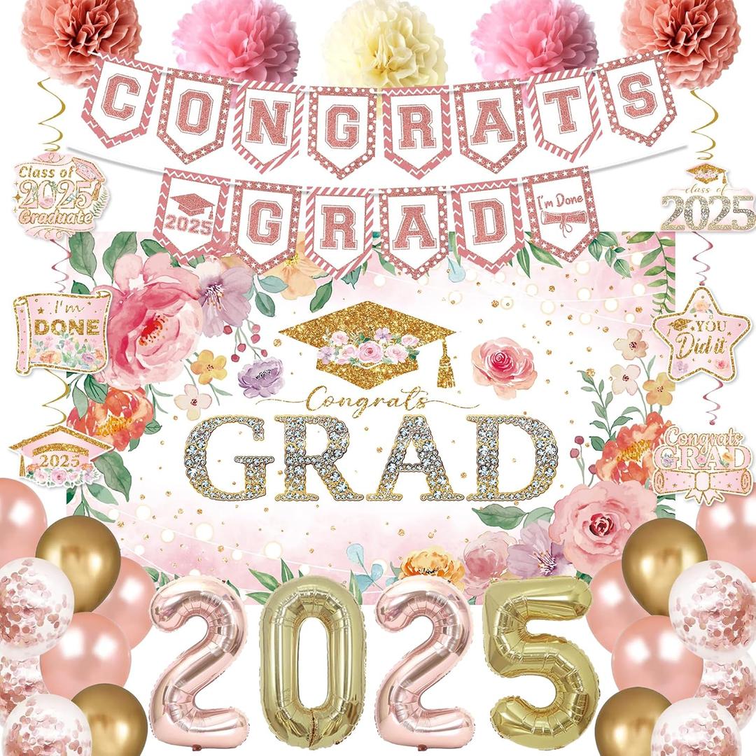 Holkcog 2025 Graduation Decorations, Pink Class of 2025 Congrats Graduation Floral Backdrop, Balloons, Paper Pompoms For Graduation Party Decorations, Outdoor Indoor Grad Party Decorations Supplies