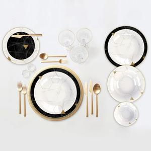 Karaca Blue Gem Bone China Dinner Service Set for 6 People - 24-Piece Dinnerware Set with Plate and Bowl Set, Round Dinnerware Set, Black, White & Gold Dinner Set