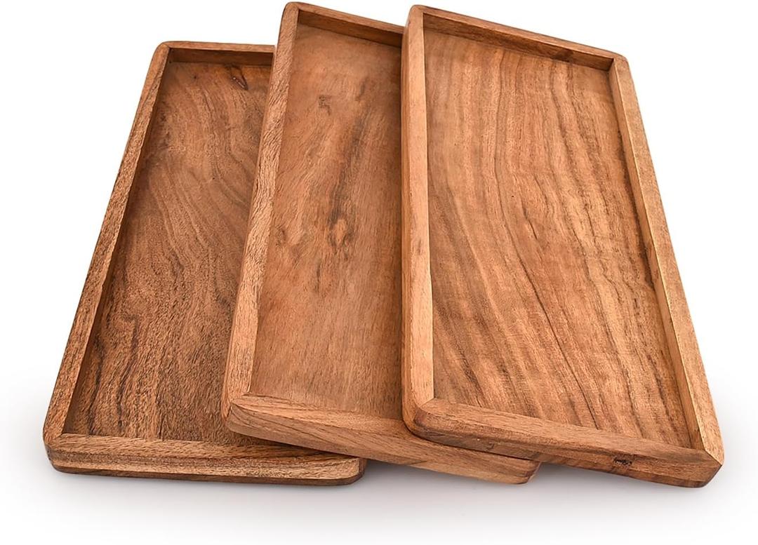Mahasu Platter Acacia Wood Serving Platters Set of 3 Cake Appetizer Plates Kitchen Charcuterie Platter for Food (Set of 3) (12" X 6" X 0.75")
